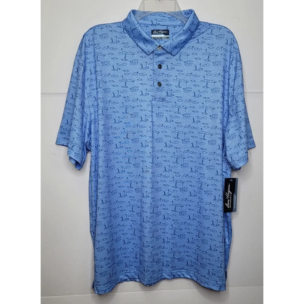 Ben Hogan Polo Shirt Men XL Blue Performance Golfers Novelty Print Preppy Sporty